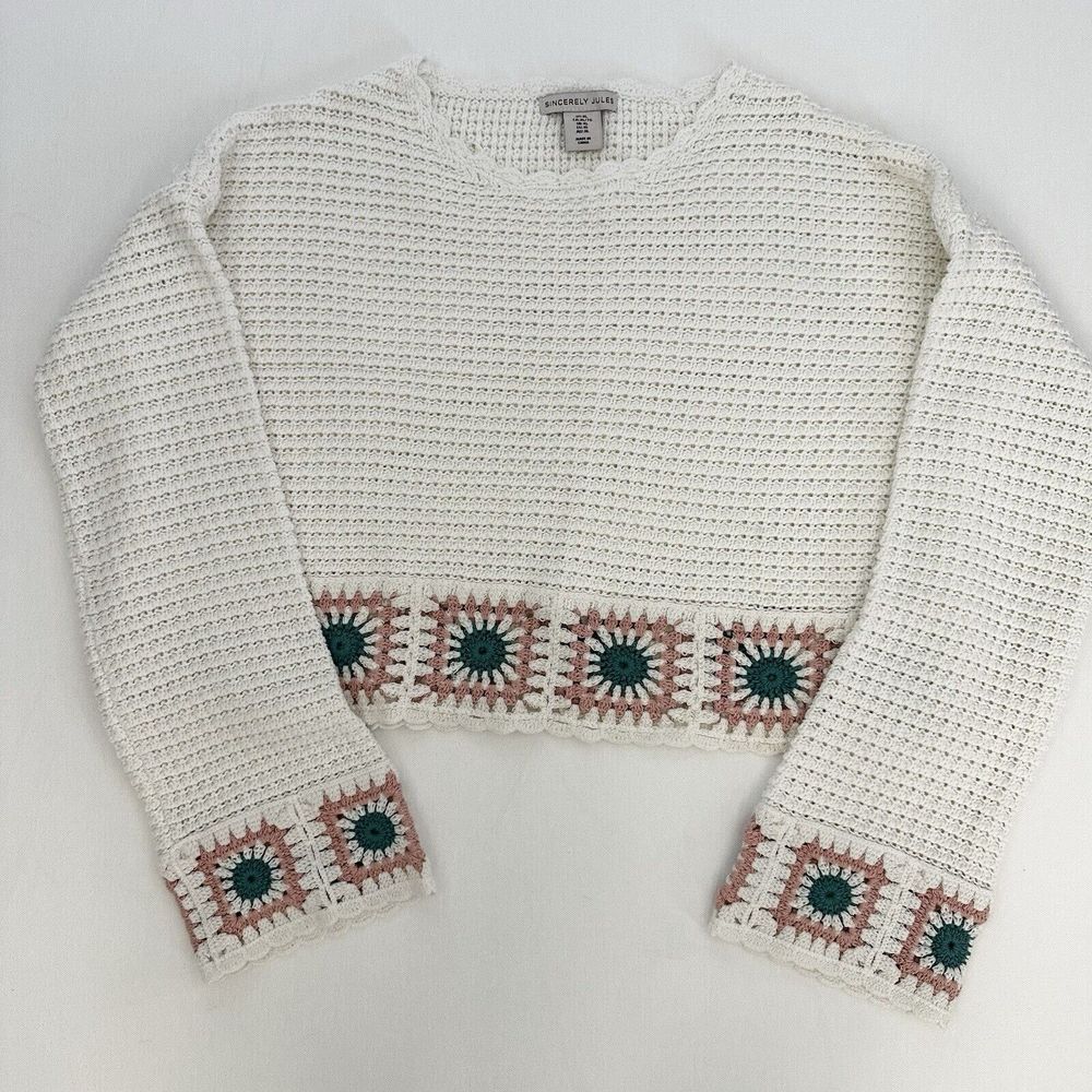 Sincerely Jules Sweater Crop XL Cottage Core 70s Floral Crochet Style Top READ*